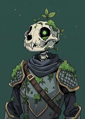 Skeleton Warrior with Green Eyes and Plants
