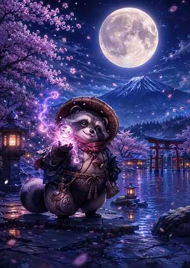 Magical Tanuki Under the Full Moon