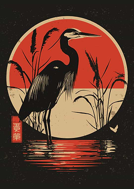 Black Heron Sunset Poster Japanese Inspired Nature Wall Art Bird Silhouette
