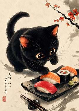 Cute Black Cat with Sushi
