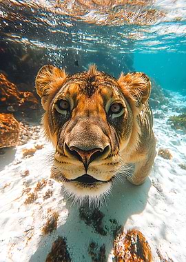 Lion Underwater Close-up