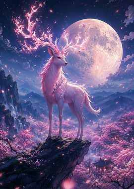 Magical Pink Deer Under a Full Moon
