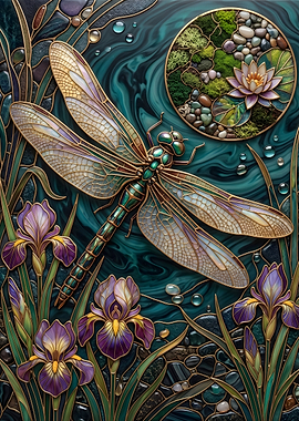 Dragonfly and Irises Stained Glass Art