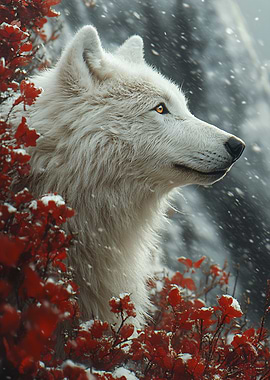 White wolf in snowy red foliage