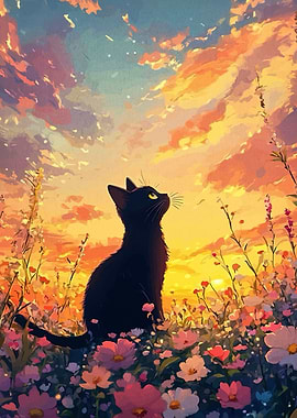 Black Cat in a Flower Field at Sunset