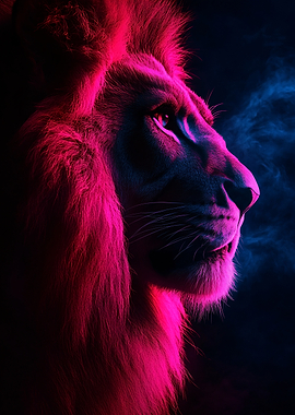 Lion illuminated by neon lights