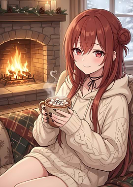 Anime Girl with Hot Chocolate by Fireplace