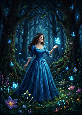 Woman in blue dress with butterflies