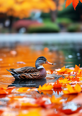 Duck in Autumn Leaves