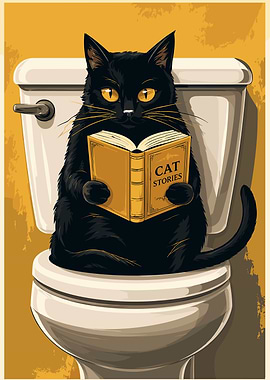 Black Cat Reading on Toilet