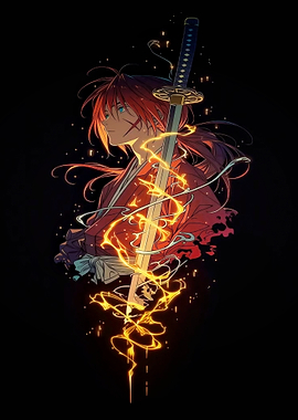 Anime Samurai with Fiery Sword