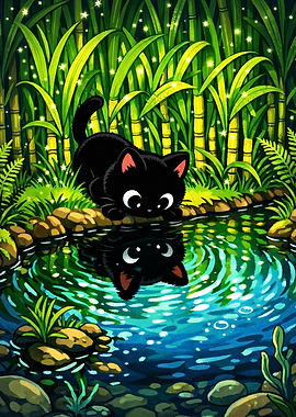 Cute Black Cat Looking at Reflection