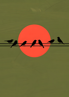 Birds on a wire at sunset