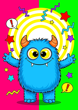 Cute Blue Monster with Exclamation Marks