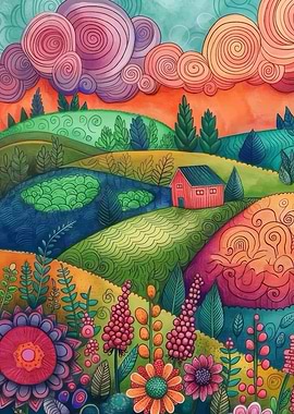Whimsical Farm Landscape with Flowers