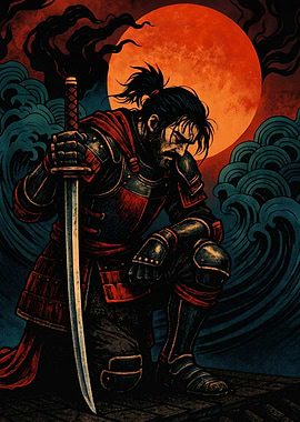 Samurai Kneeling Before a Red Moon