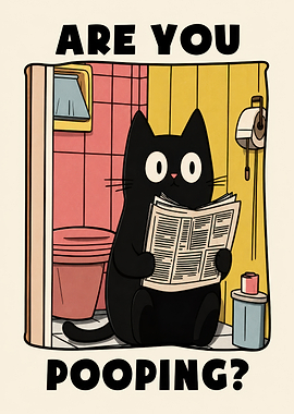 Black Cat Reading Newspaper on Toilet