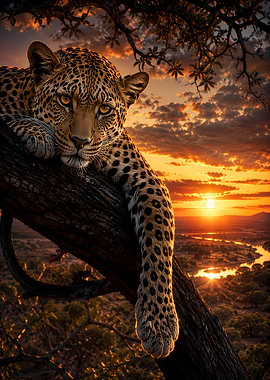 Leopard resting on a tree at sunset
