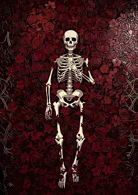 Skeleton surrounded by red roses