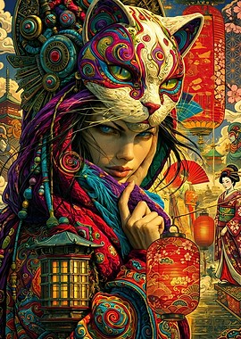 Woman in Cat Mask with Japanese Elements