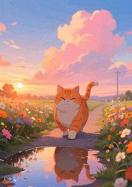 Cute Cat Walking in a Flower Field
