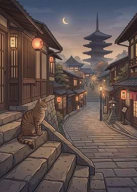 Cat on Steps in Japanese Town