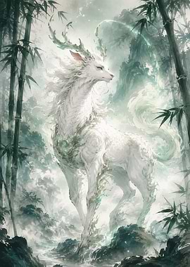 Mythical White Deer in Bamboo Forest