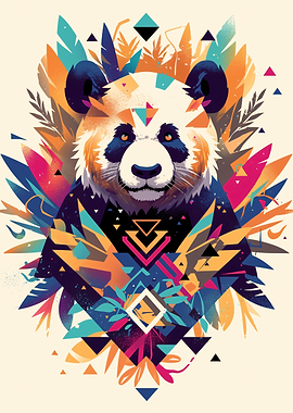 Geometric Panda with Colorful Feathers