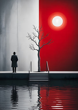 Man by Red and White Wall with Tree