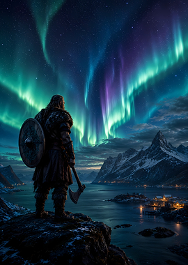 Viking Warrior Under Aurora Borealis