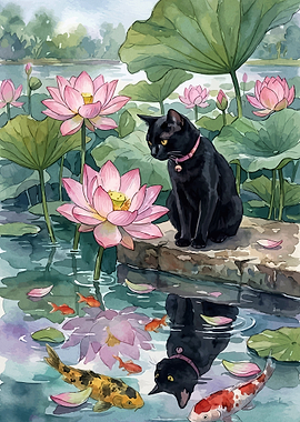 Black Cat and Koi Pond