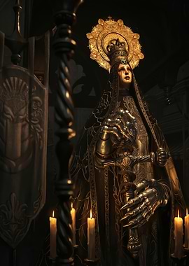 Armored Virgin Mary Statue with Sword