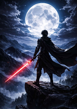 Warrior with glowing sword under moon