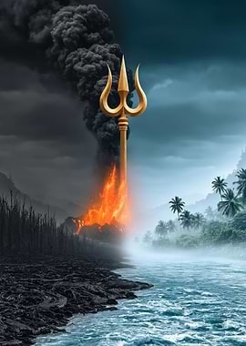 Trishul Amidst Volcanic Eruption and Lush Landscape