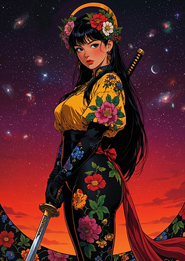 Samurai Woman in Floral Outfit Against Cosmic Background