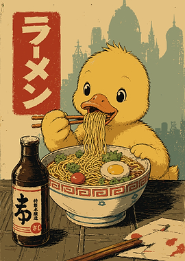 Cute Duckling Ramen Poster Vintage Japanese Food Wall Art Illustration