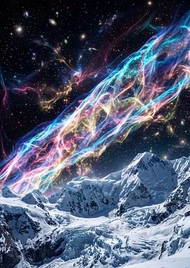 Cosmic Nebula Over Snowy Mountains