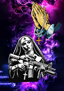 Nun with Assault Rifle and Praying Hands