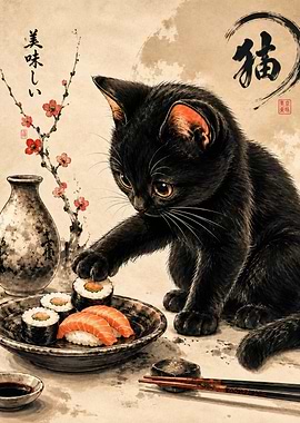 Black kitten with sushi