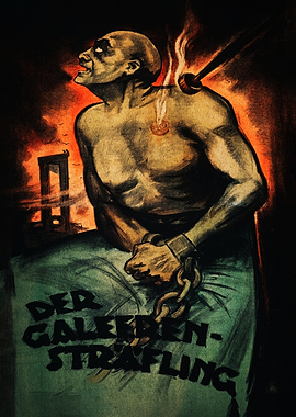 Man suffering in chains with guillotine