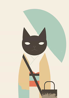 Cat in Kimono with Umbrella