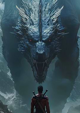 Warrior faces a colossal dragon