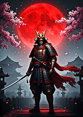 Samurai Warrior Under a Red Moon