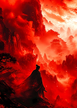 Warrior in Red Mountain Landscape