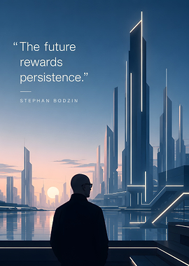 Man overlooking futuristic city at sunset