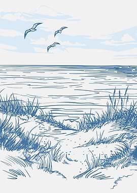 Seagulls flying over the ocean and beach