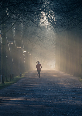 Runner in foggy park alley