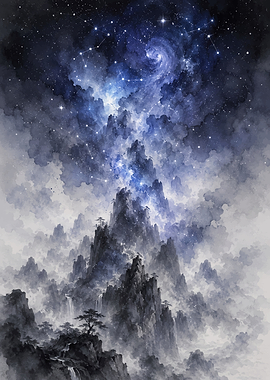 Misty Mountains Under a Starry Sky