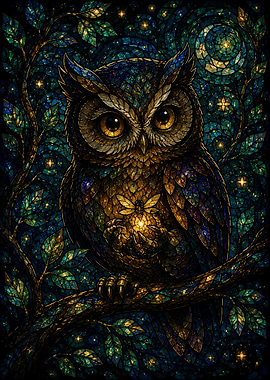 Stained Glass Owl with Firefly