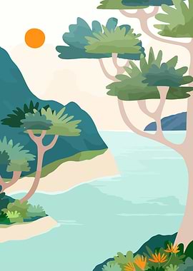 Tropical coastal landscape with trees